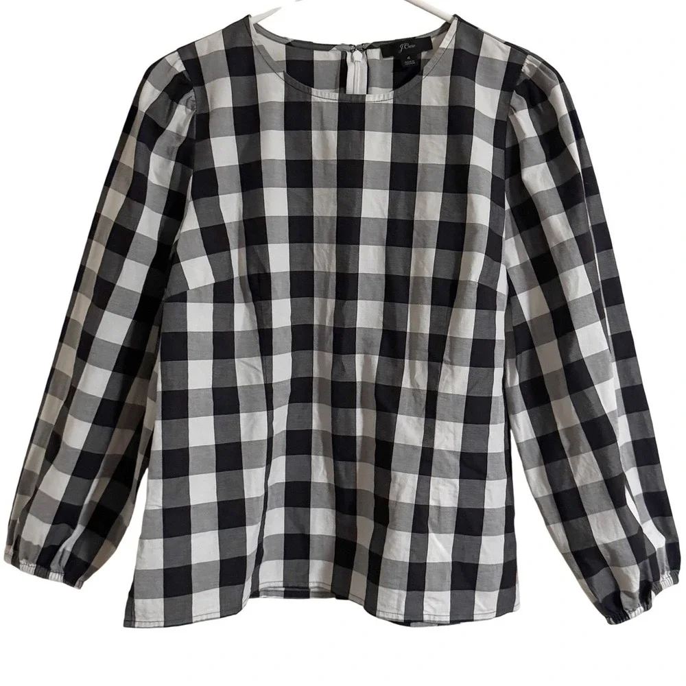 J. Crew Black & White Gingham Plaid Puff Sleeve‎ Blouse Size 4